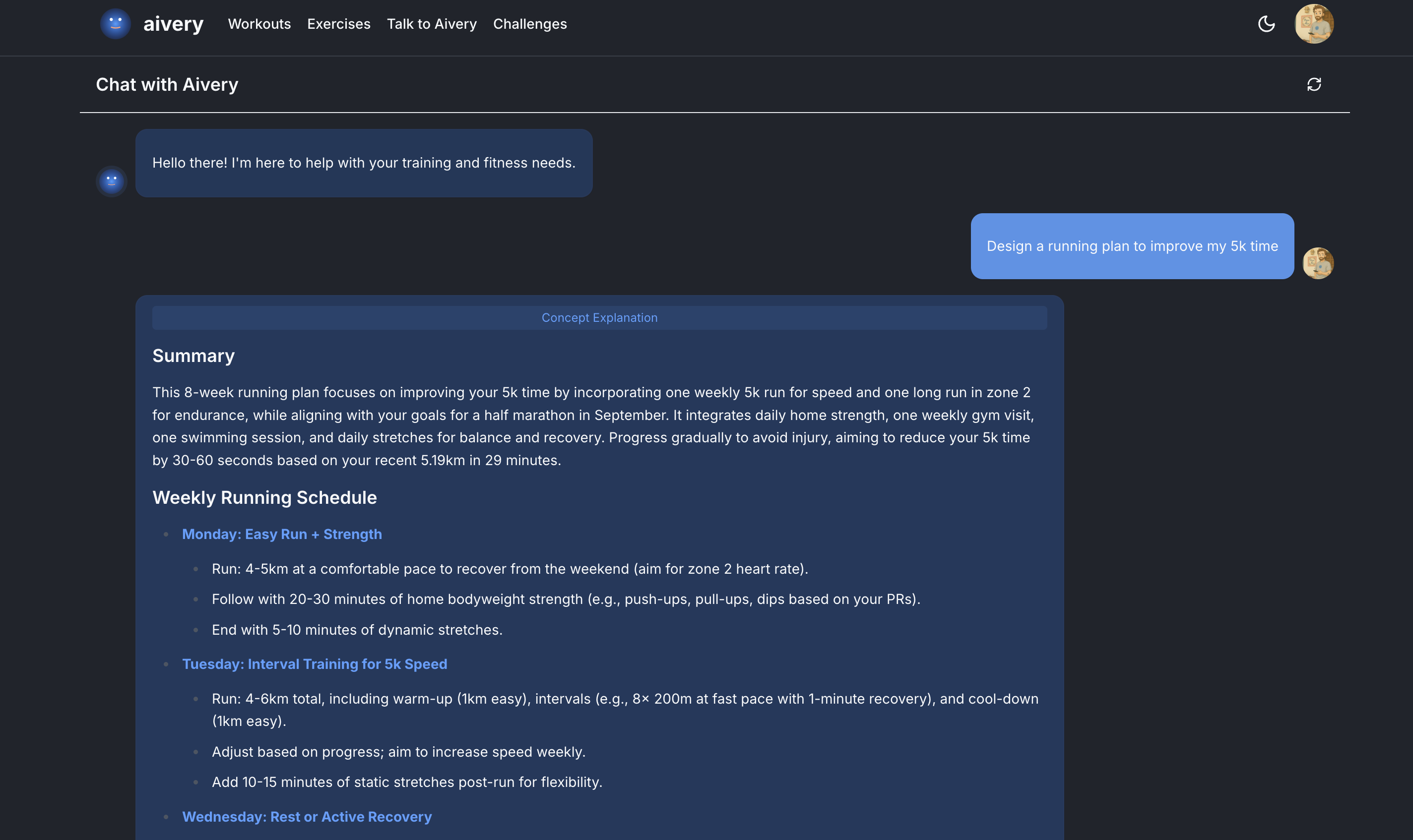 AI chat interface providing personalized workout guidance